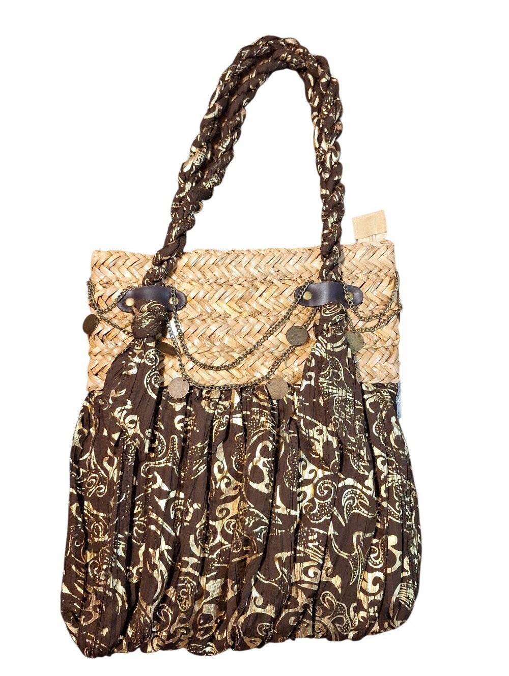 NWOT Sun 'N' Sand Boho Straw & Batik Print Fabric Shoulder Bag